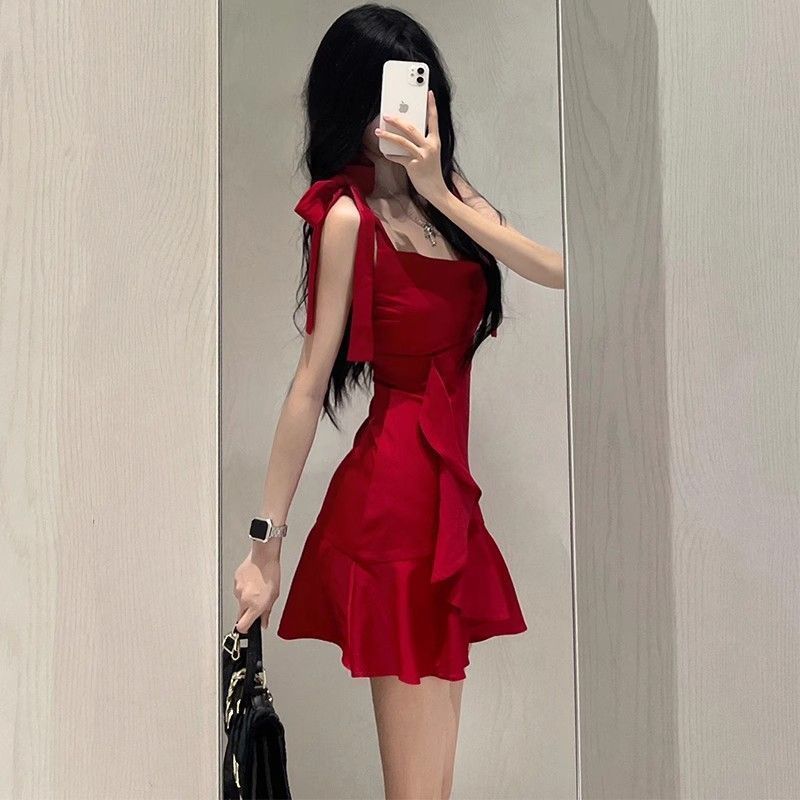 S32 new lotus leaf temperament hot girl red suspender dress small summer pure desire style waist slim short skirt female