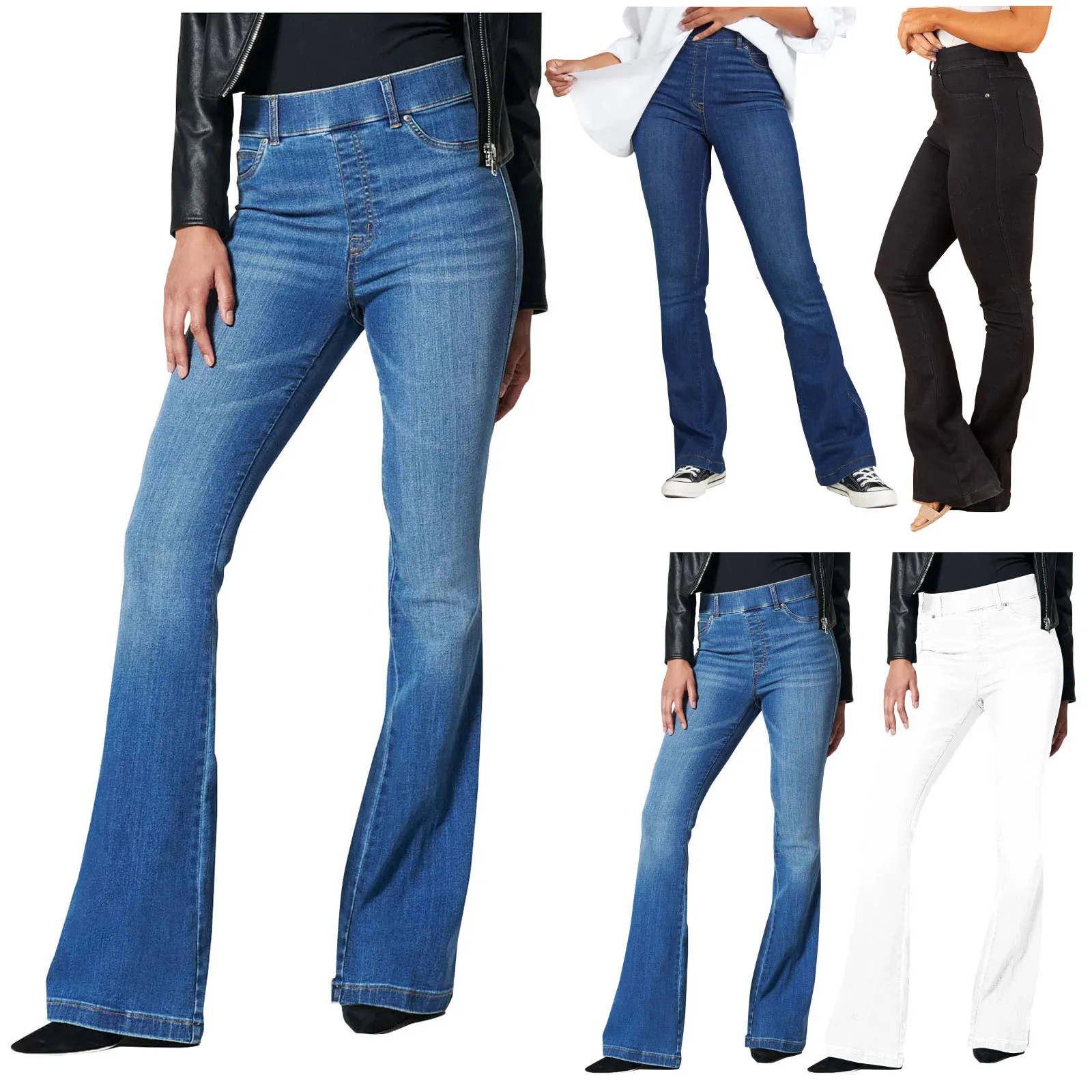 Womens jeans fashionable stretchy Flare pull on denim pants regular fit high waisted 250407