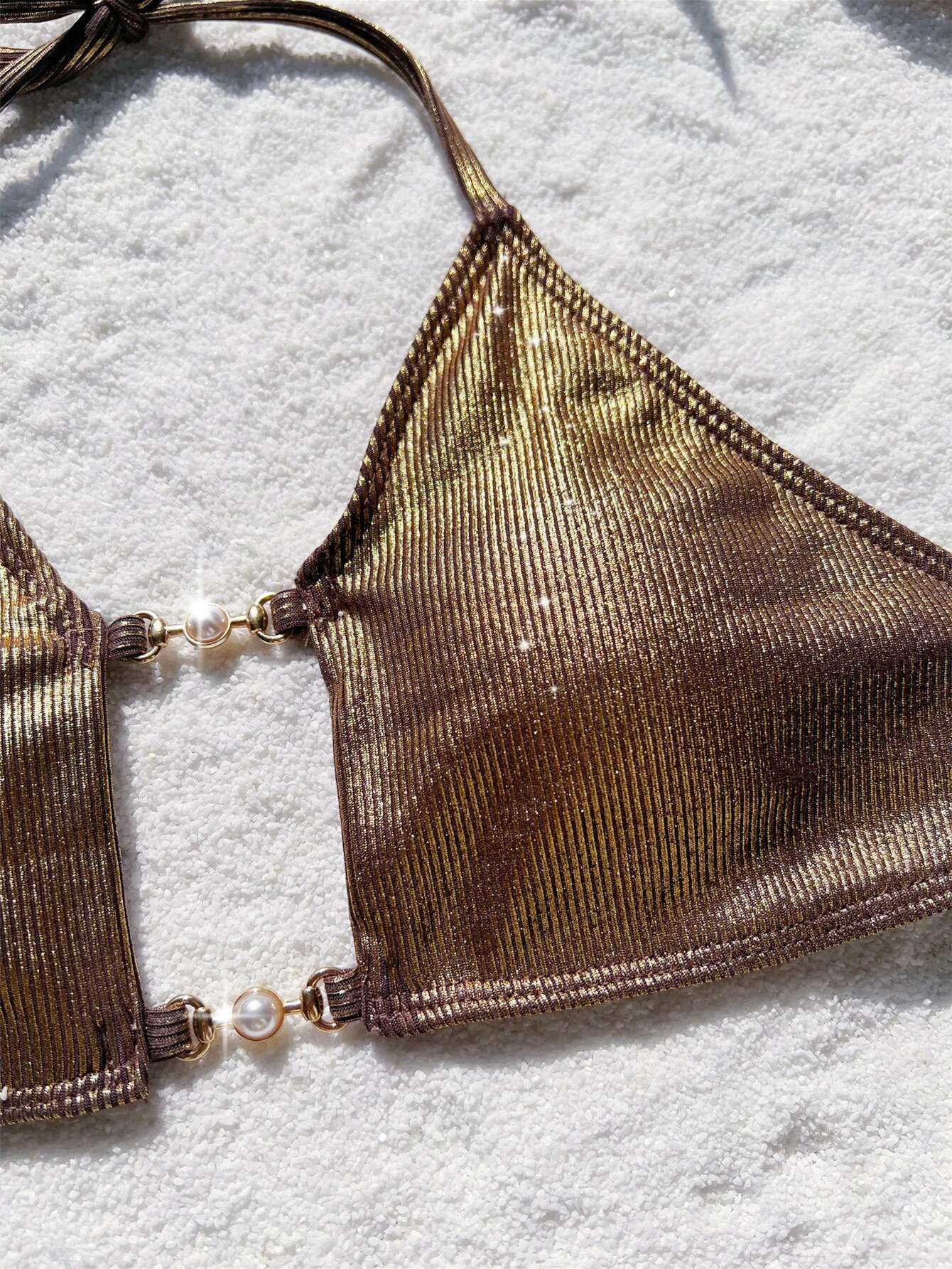 Dongdumaoyi Luxury Pearl Bikini Set Women Sexy Gold Hollow Out Push Up Metal Skirt Piece Swimsuit Beach Bathing Suit Thong Swimwear