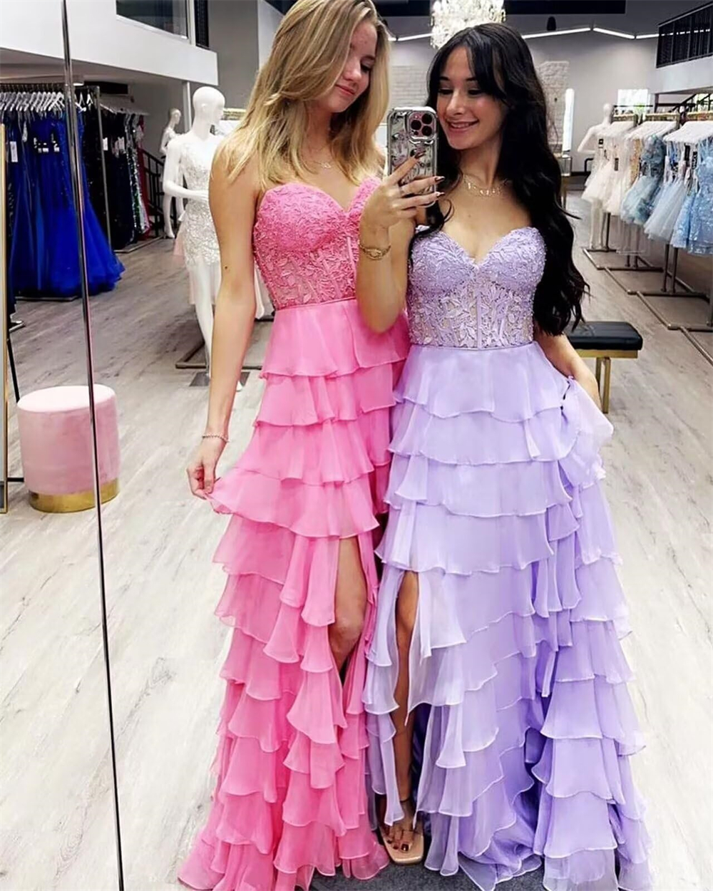 Long Prom Dresses Elegant Tiered Split Lace V-Neck Lace-up A-Line Plus Size Formal Occasion Evening Party Gown Pd13