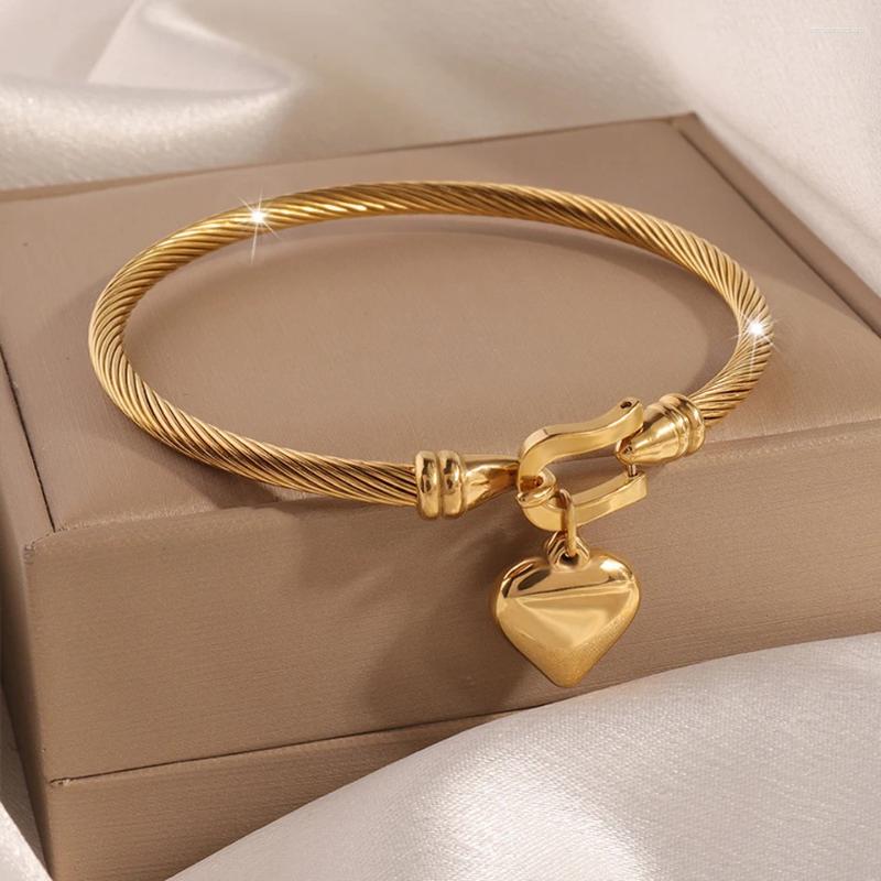 Bangle Yupsk Simple 18k Gold Color Stainless Steel Heart Pendant Charm Bracelets For Men Women Fashion Jewelry Gift