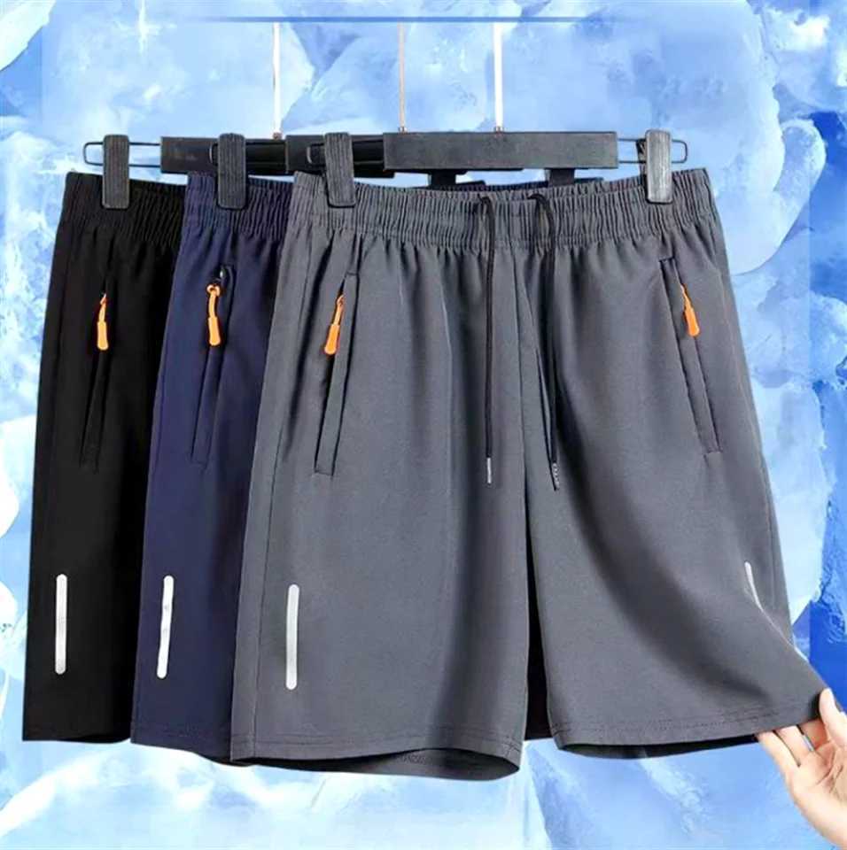 Mens summer ultra-thin ice silk beach casual shorts for jogging and quick drying mens zipper loose gym sports shortsXJ250407