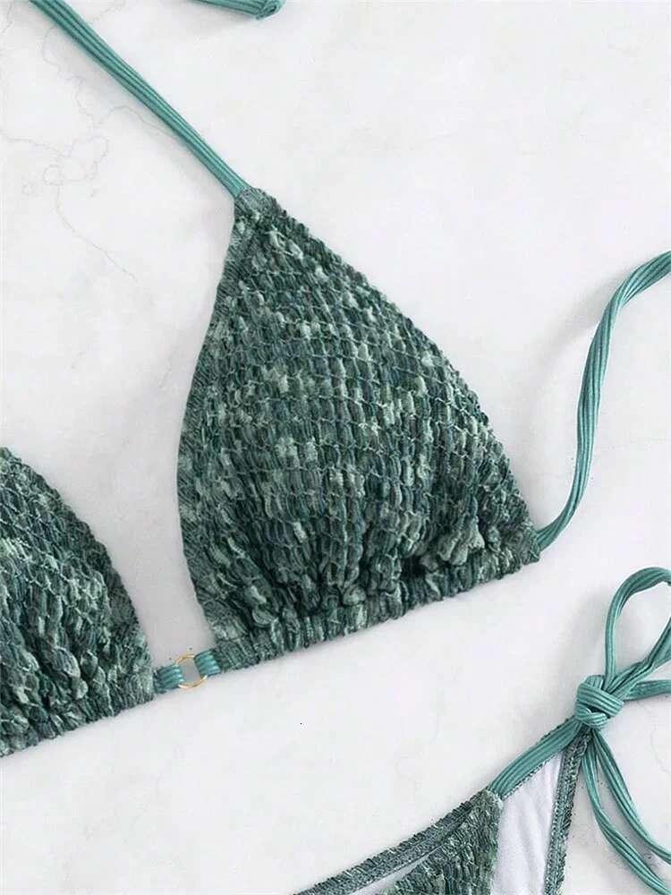Dongdumaoyi Sexy Green Piece Bikinis Sets Women Halter Metal Stap Push Up Swimsuit Summer Lace Beach Bathing Suit Thong Swimwear