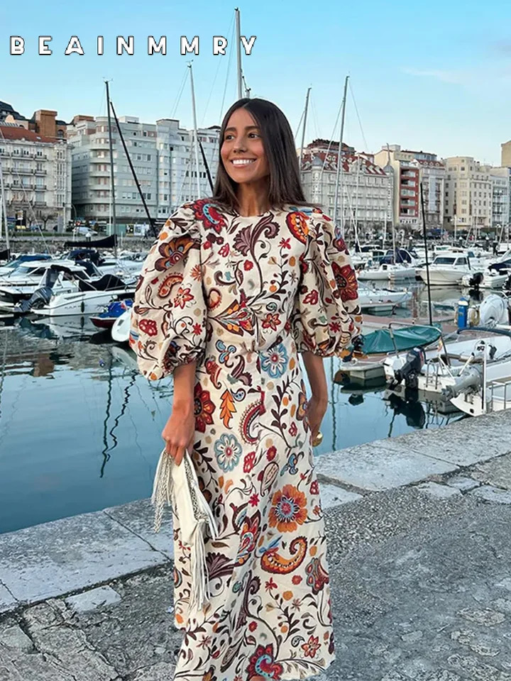 Women Floral Print Boho Maxi Dress Ethnic Style O Neck Half Puff Sleeve Oversize Vestidos 2025 Casual Beach Holiday Long Robe 250407