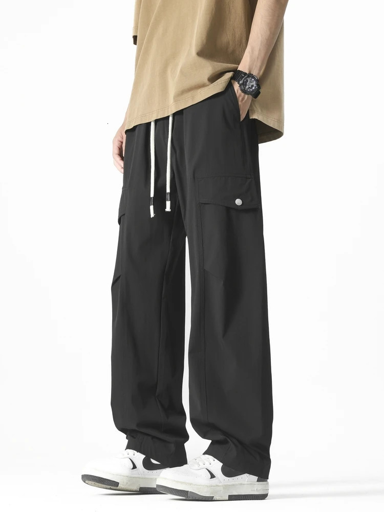 Mens straight casual pants Korean style multi pocket commodity drawstring wide leg sports outdoor loose fit suitable for mens clothing 250403