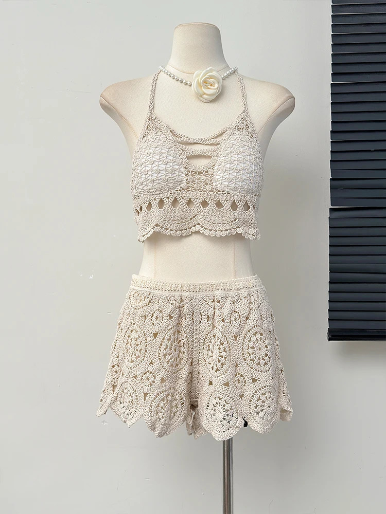 Summer Womens Hollow Crochet Knitted Tank TopSolid Color Crochet Shorts 2-piece Set Seaside Holiday 250401