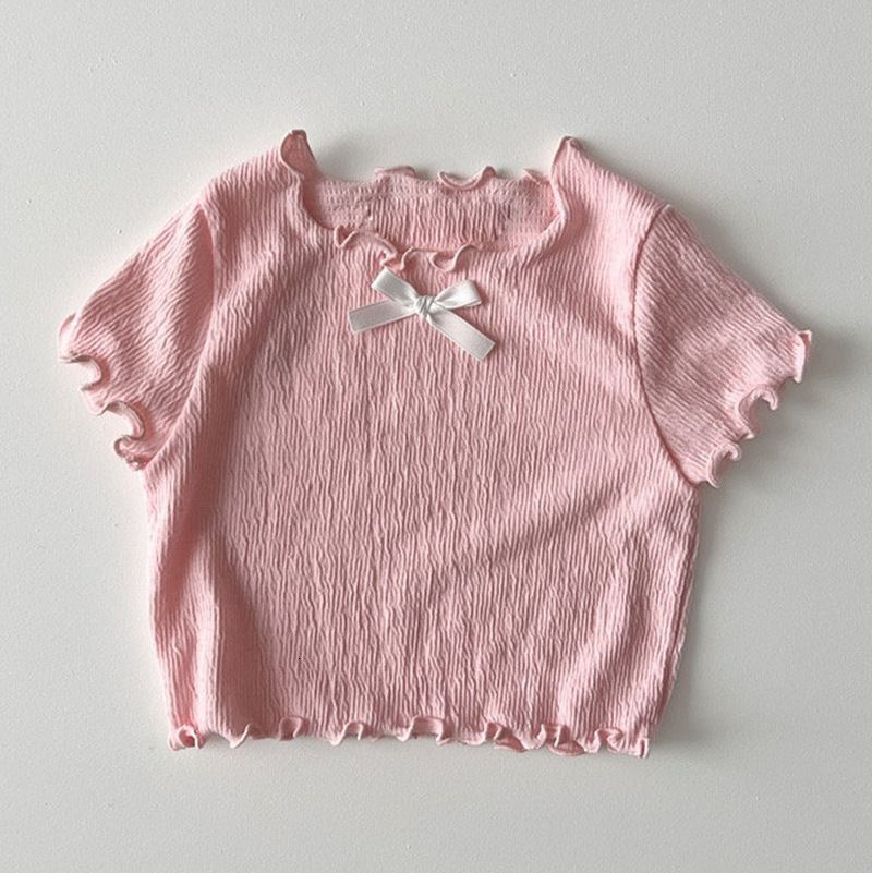 Ddmyshoesvip Girls Fashion Korean Top New Summer Baby Style Bow Short Sleeve T Shirt Children S Solid Color Texture