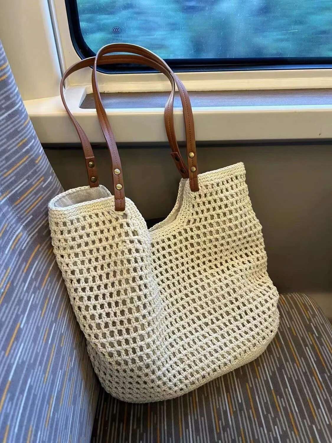 Leisure Hollow Mesh Large Capacity Hand-Held Tote Cotton Woven Shoulder Summer Bali Beach Vacation Women's Bag