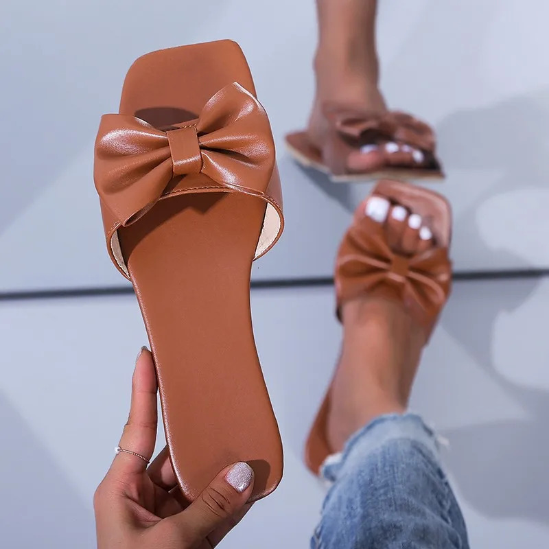 Springsummer outdoor flat leather bow non-slip beach lady slippers casual all-match fashion women sandals 250408
