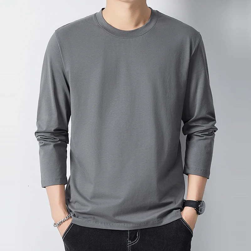 Long sleeved mens 100% pure cotton T-shirt top mens autumn basic solid color T-shirt womens casual fit size M-5XL mens 250402