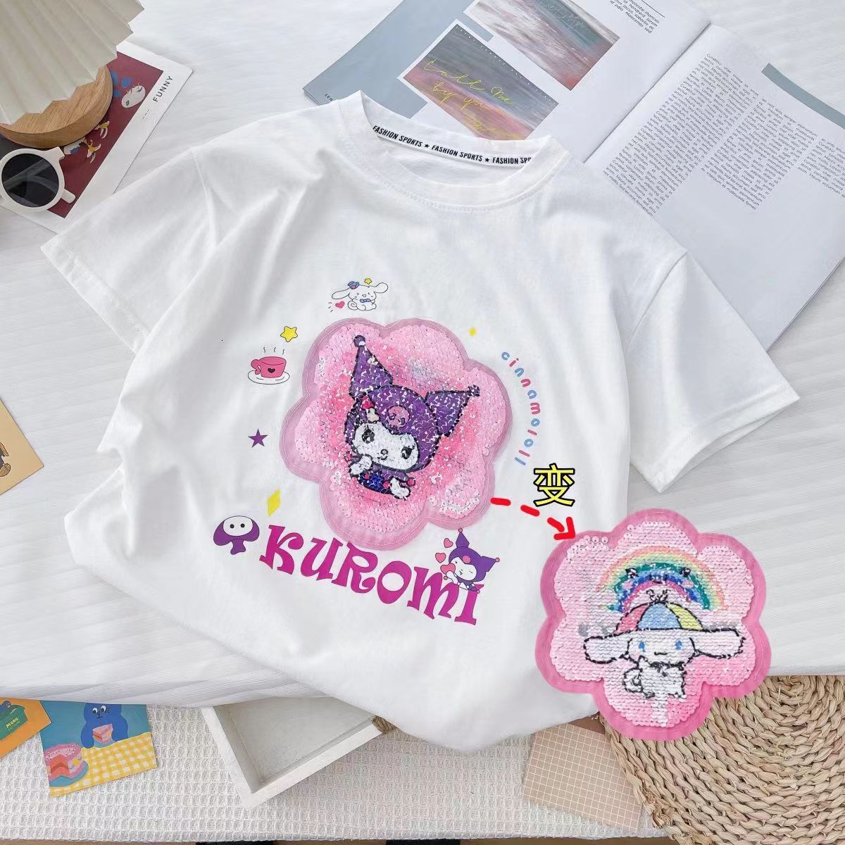Ddmyshoesvip Short Sleeved Korean T Shirt Summer New Yugui Dog Color Change Kuromi Glitter Girls Internet Celebrity Top
