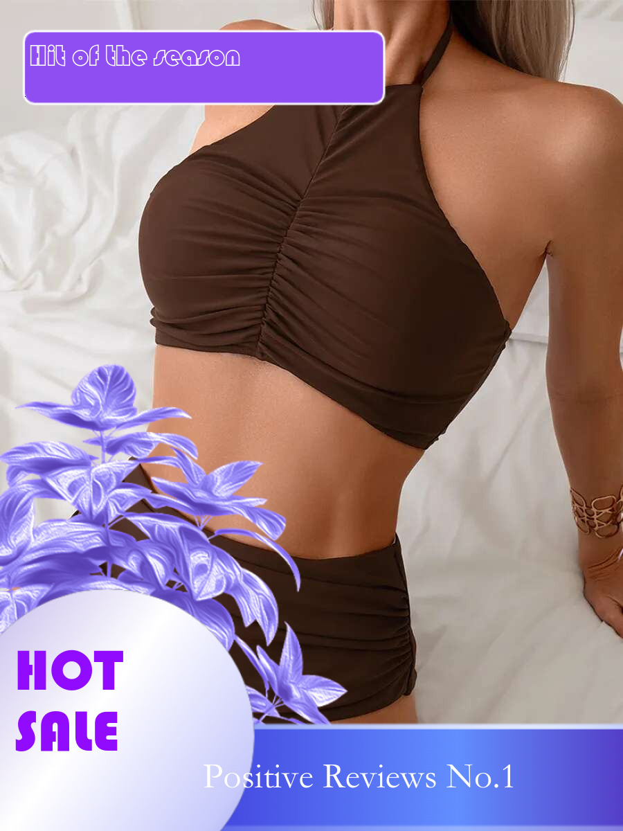 Dongdumaoyi Sexy Halter Pleate Bikini Set Women Coffee Push Up Crop Top With High Waist Swimsuit Summer Holiday Bathing Suit Swimwear
