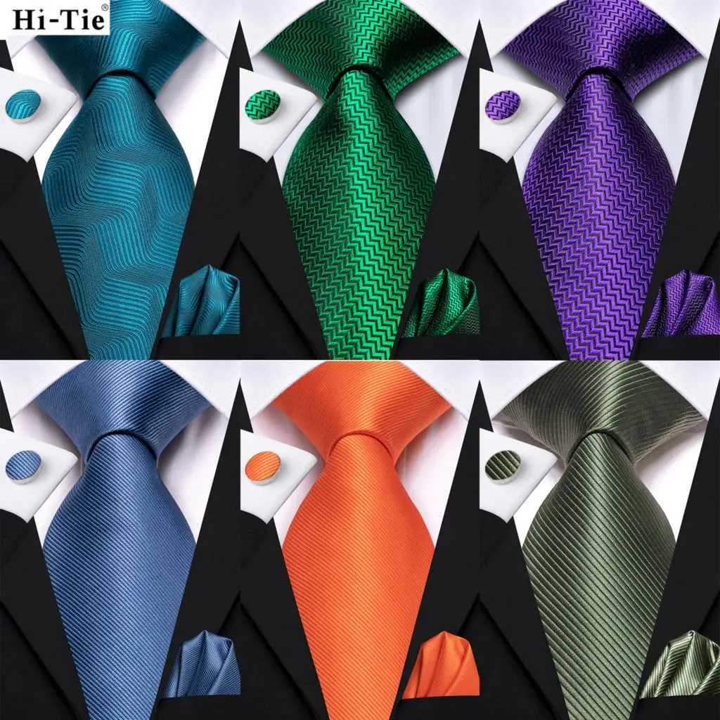 Hi-Tie Men Fashion Solid Green Blue Necktie Handkerchief Cufflinks Set for Tuxedo Accessory Classic Silk Luxury Tie for Man Gift X250407