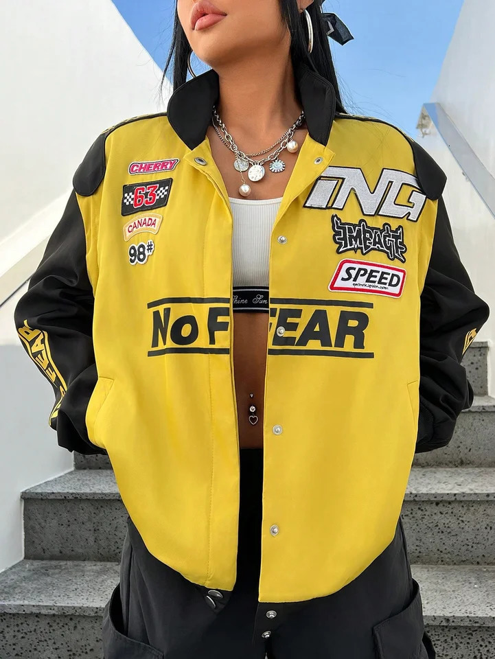 Black and yellow shoulder patchwork womens heavyduty industrial jacket 250407