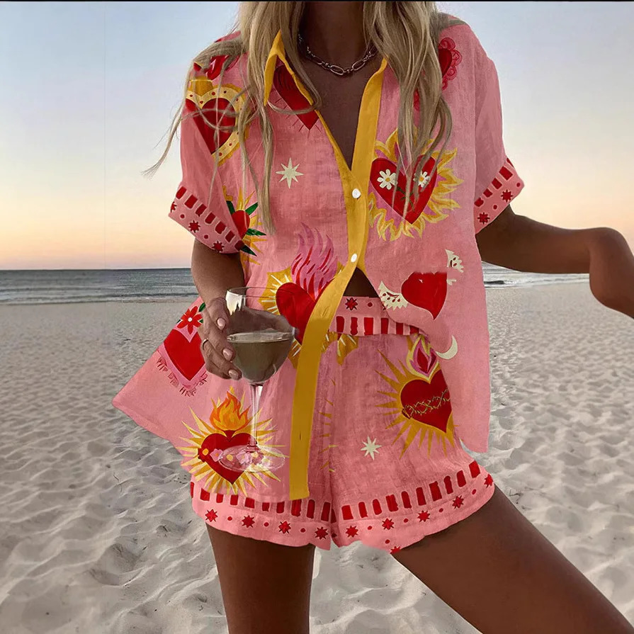 Summer Beach suit Women fashion lapel short sleeve shirt and elastic waist short two piece set Female vocation style print set 250407