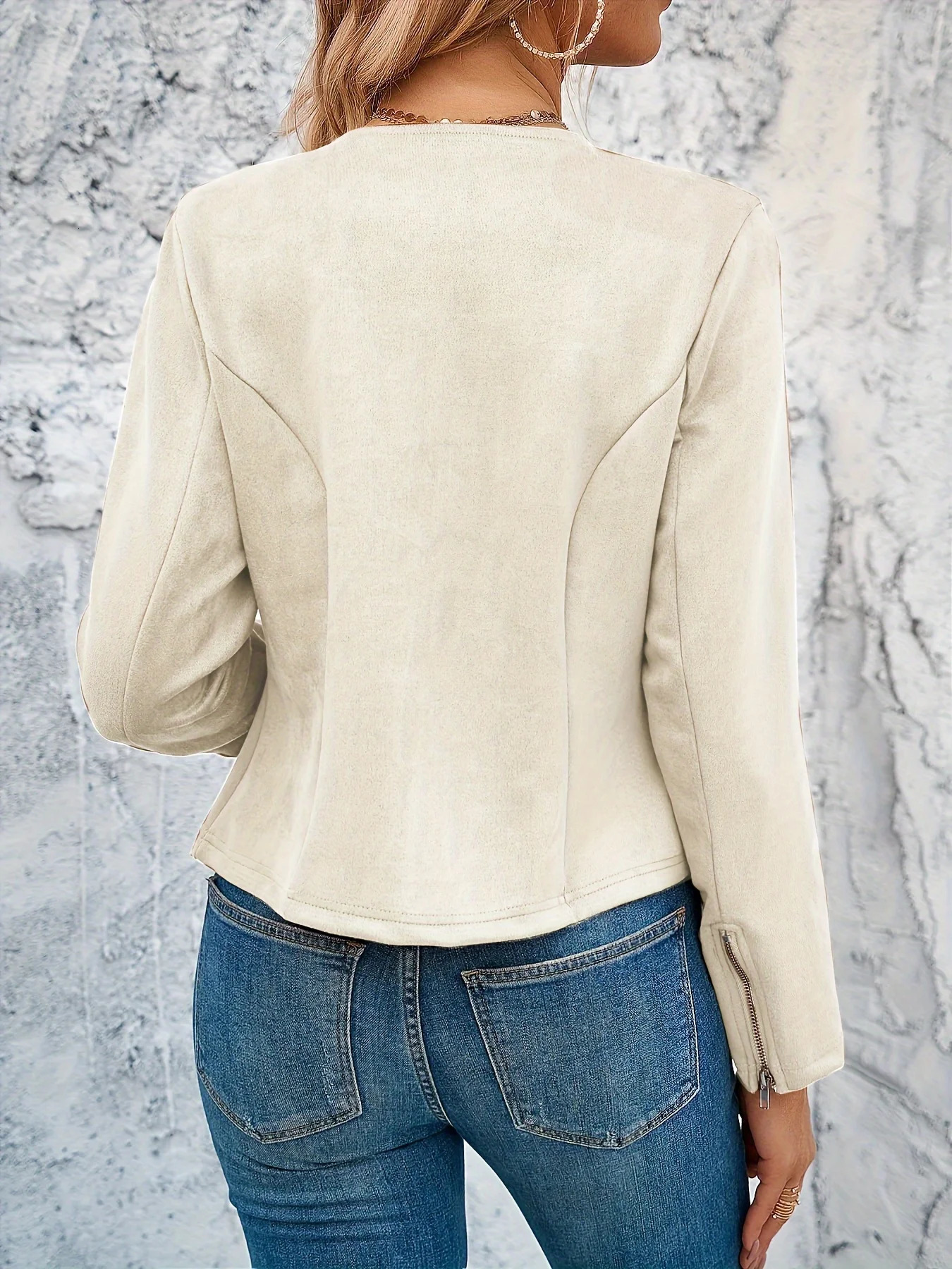 Womens fashionable round neck slim fit top with zippered cuffs access control zipper Cardigan short jacket 250407