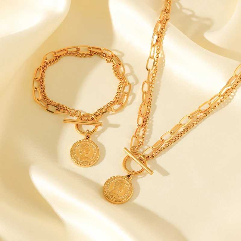 EILIECK 316L stainless steel gold portrait coin necklace set for womens trendy flow OT buckle waterproof jewelry Y250408