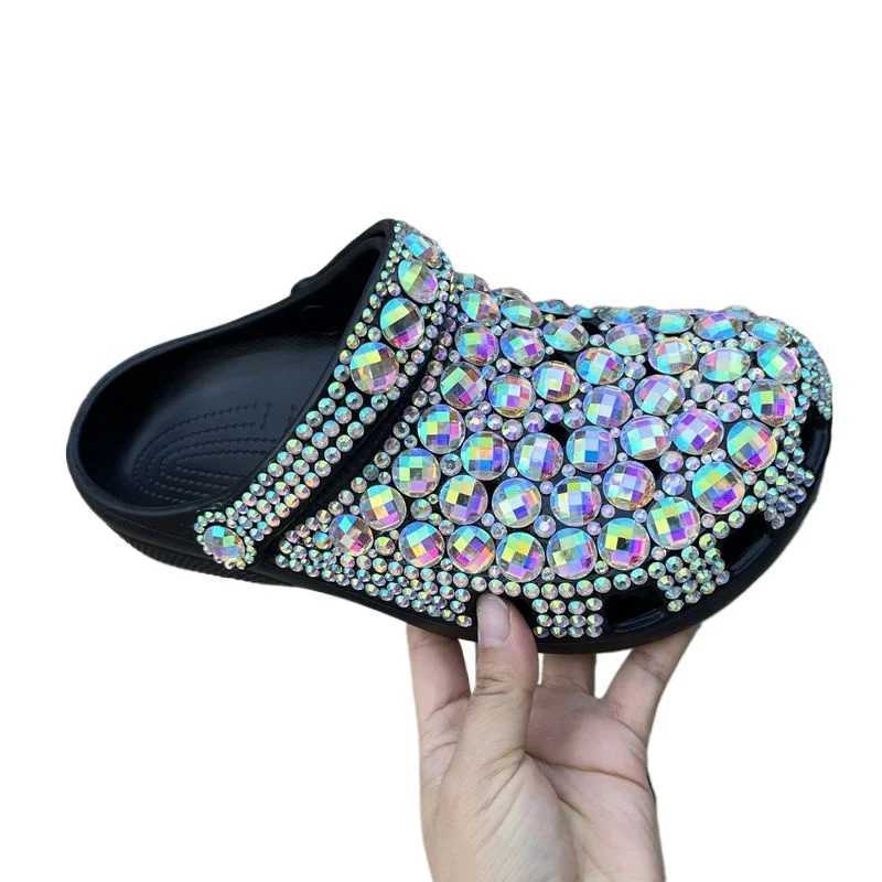 New Arrival EVA new single hole shoes womens summer womens slippers handmade diamond sandals shiny large diamond black slippers size 36-45 T250407