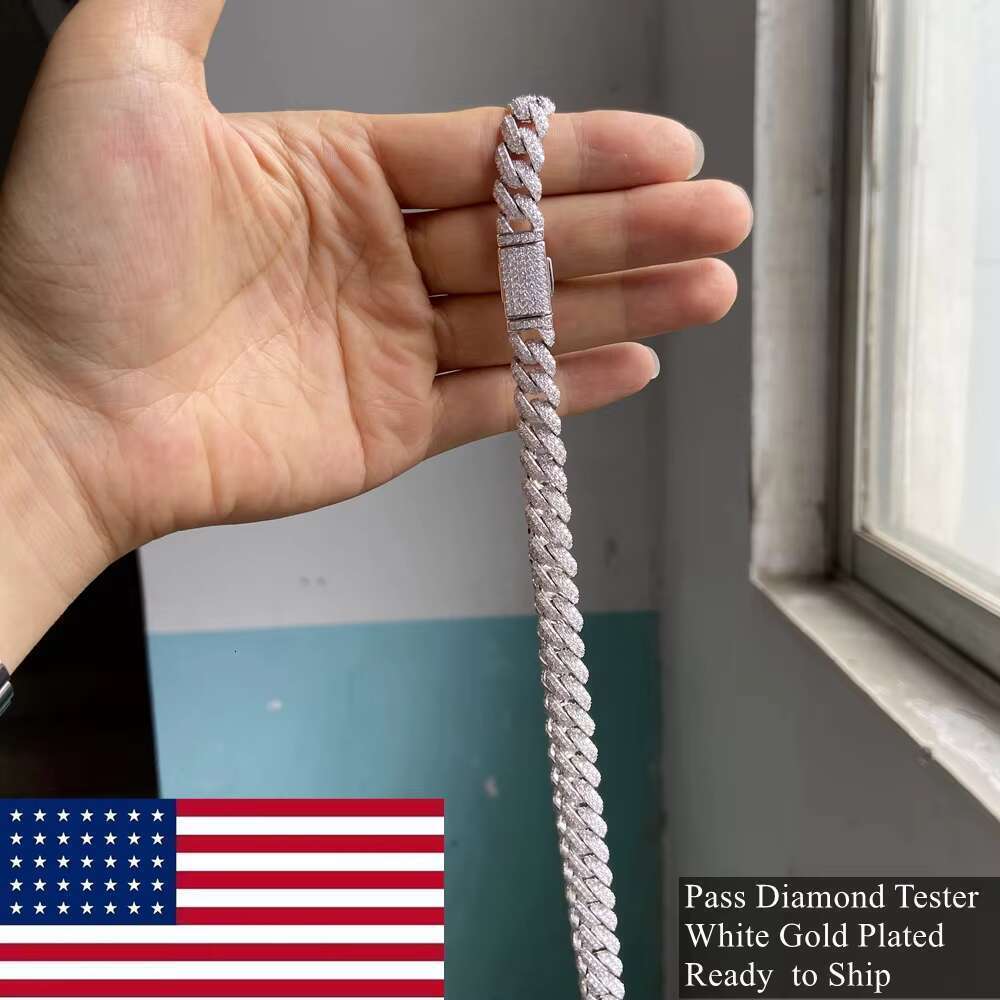 18 inch 10mm 14mm S pure sier white gold outer VVS silica Cuban Miami chain necklace for men
