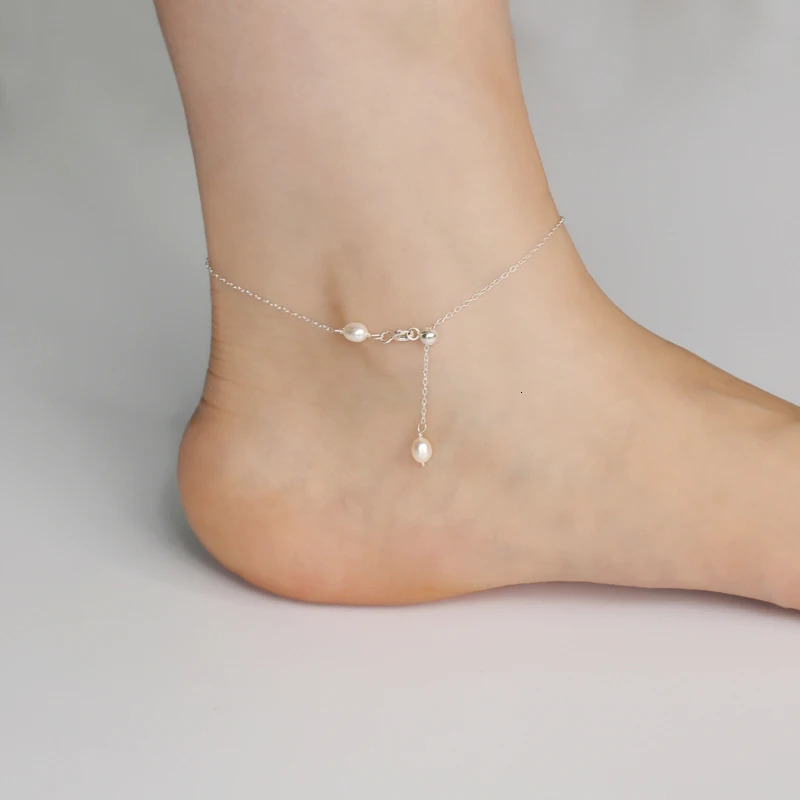 ASHIQI 925 Sterling Silver Natural Freshwater Pearl Anklets for Women Foot Fashion Jewelry Gift 250403