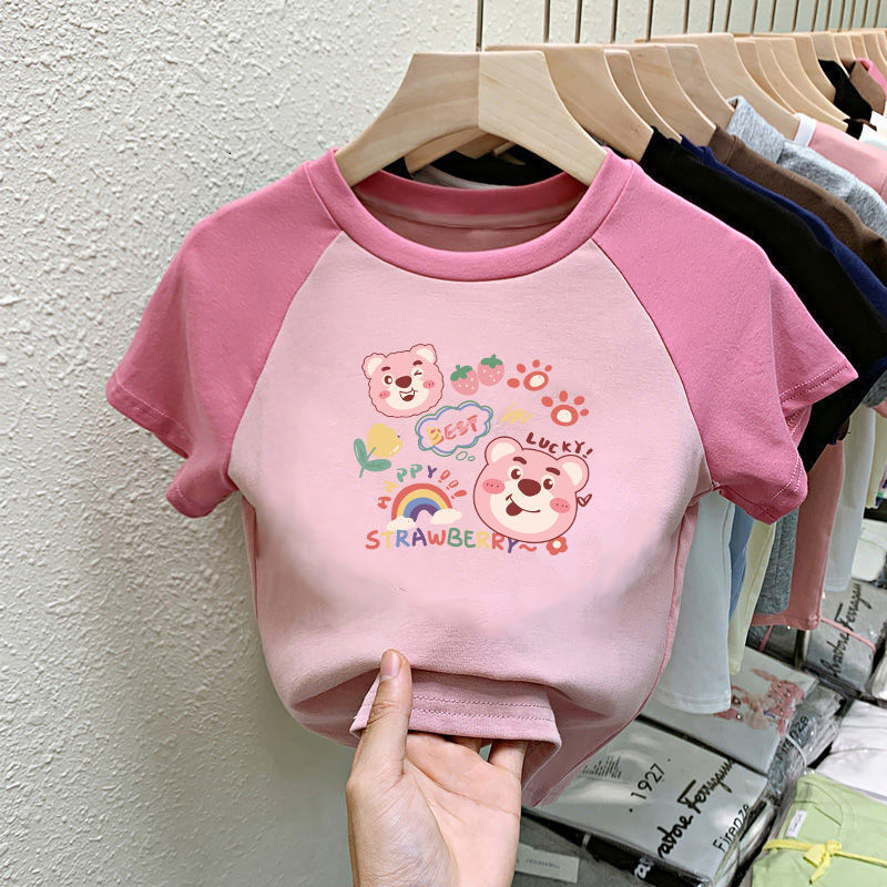 Ddmyshoesvip Girls Short Sleeved New Middle And Big Boys Spring Summer Pure Cotton Cartoon Children S T Shirt Strawberry Bear Top Summer