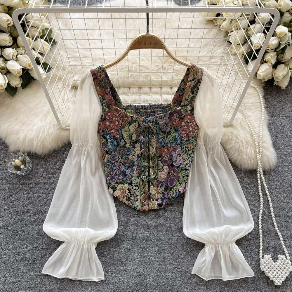 Yuoomuoo Women Tops 2025 Spring Retro Y2k Rose Wer Print Long Sleeve Gothic Shirts Fashion Irregular Bandage Party Blouses