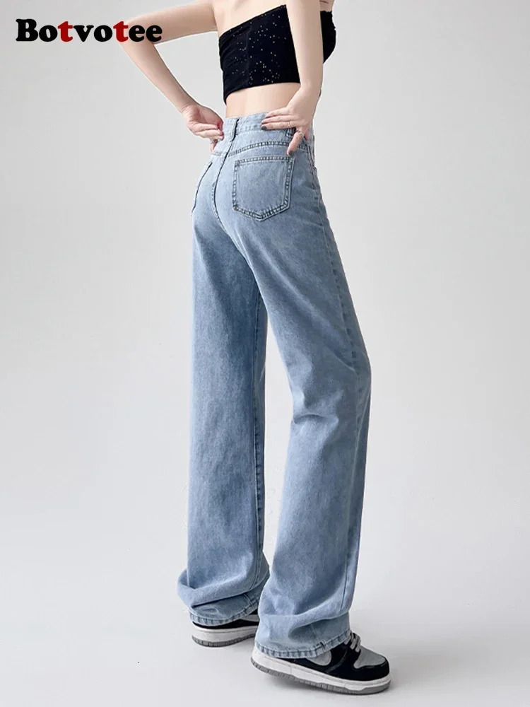 Botvotee White Straight High Waist Womens Jeans SpringSummer Korean Fashion Strap Retro Clothing Blue 250407