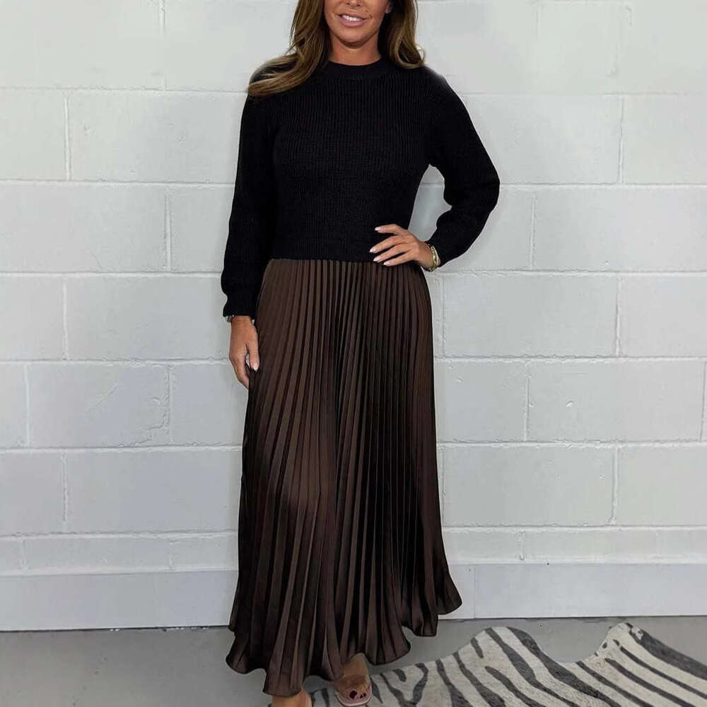 autumn winter European American solid color knitted long sleeved sweater patchwork pleated dress, women's 2025 new style, chic and elegant clothi