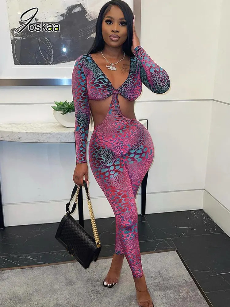 Joskaa Snakeskin Printed Hollow Out Rompers Womens Jumpsuit Sexy V-neck Long Sleeve Backless Jumpsuits Fashion Overalls Clubwear 250407