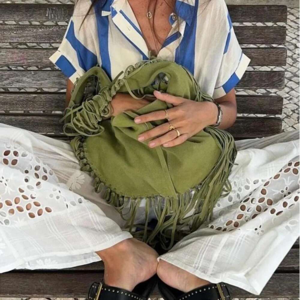 New Long Tassel Women's Shoulder Bags Faux Suede Tote Bag Designer Handbags Half Moon Hobos Frosted Shopper Purses Female