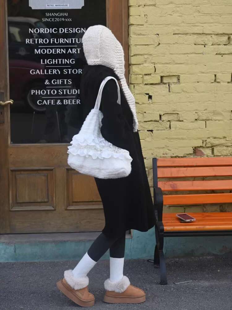 Sweet Multi-Layer Pleated Lace Side Tote Handmade White Special Fabric Shoulder Bag Girls Large Capacity Drawstring Handbag