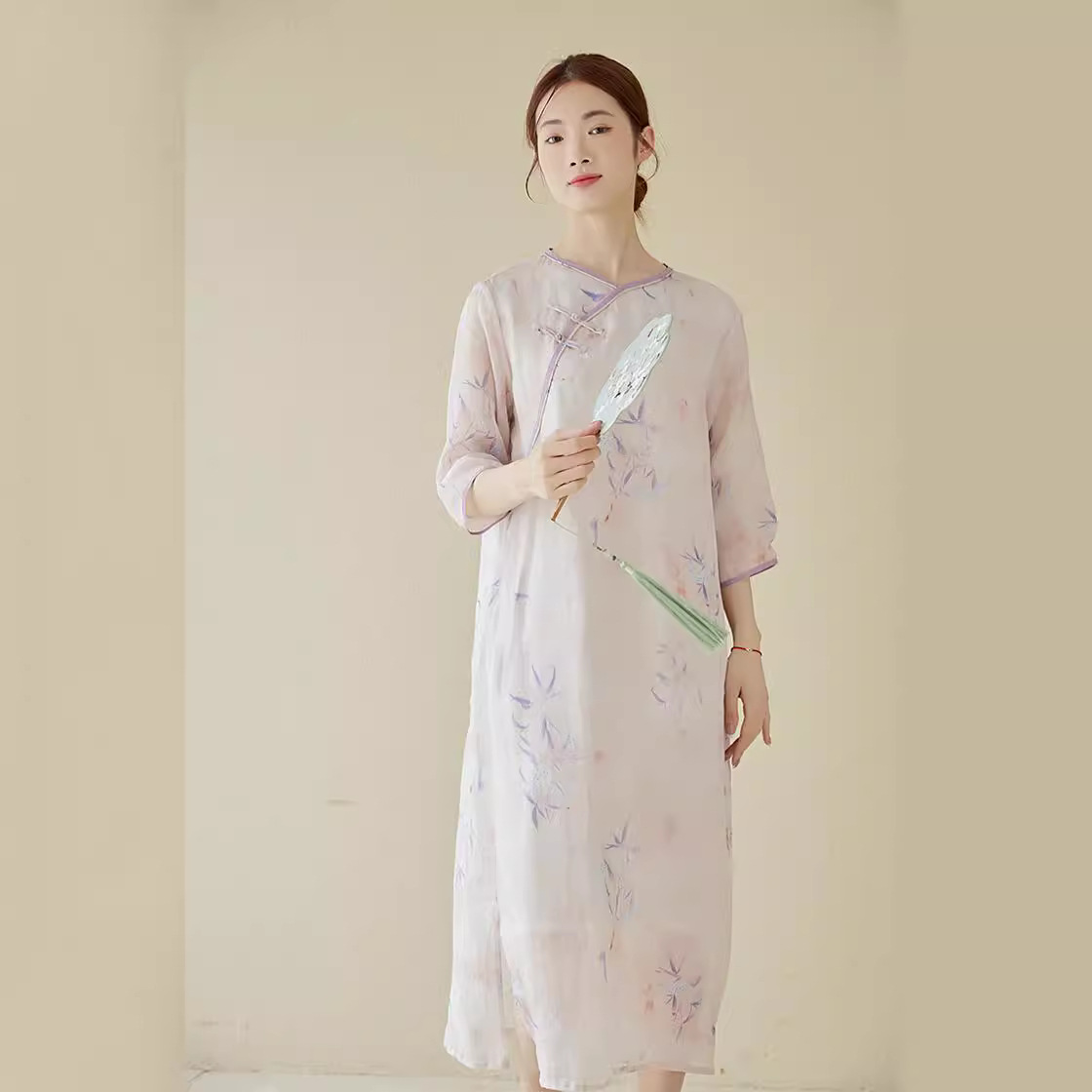 G5180 High Quality Double Layer Dress Women Summer Retro Print Women's Improved Cheongsam Skirt