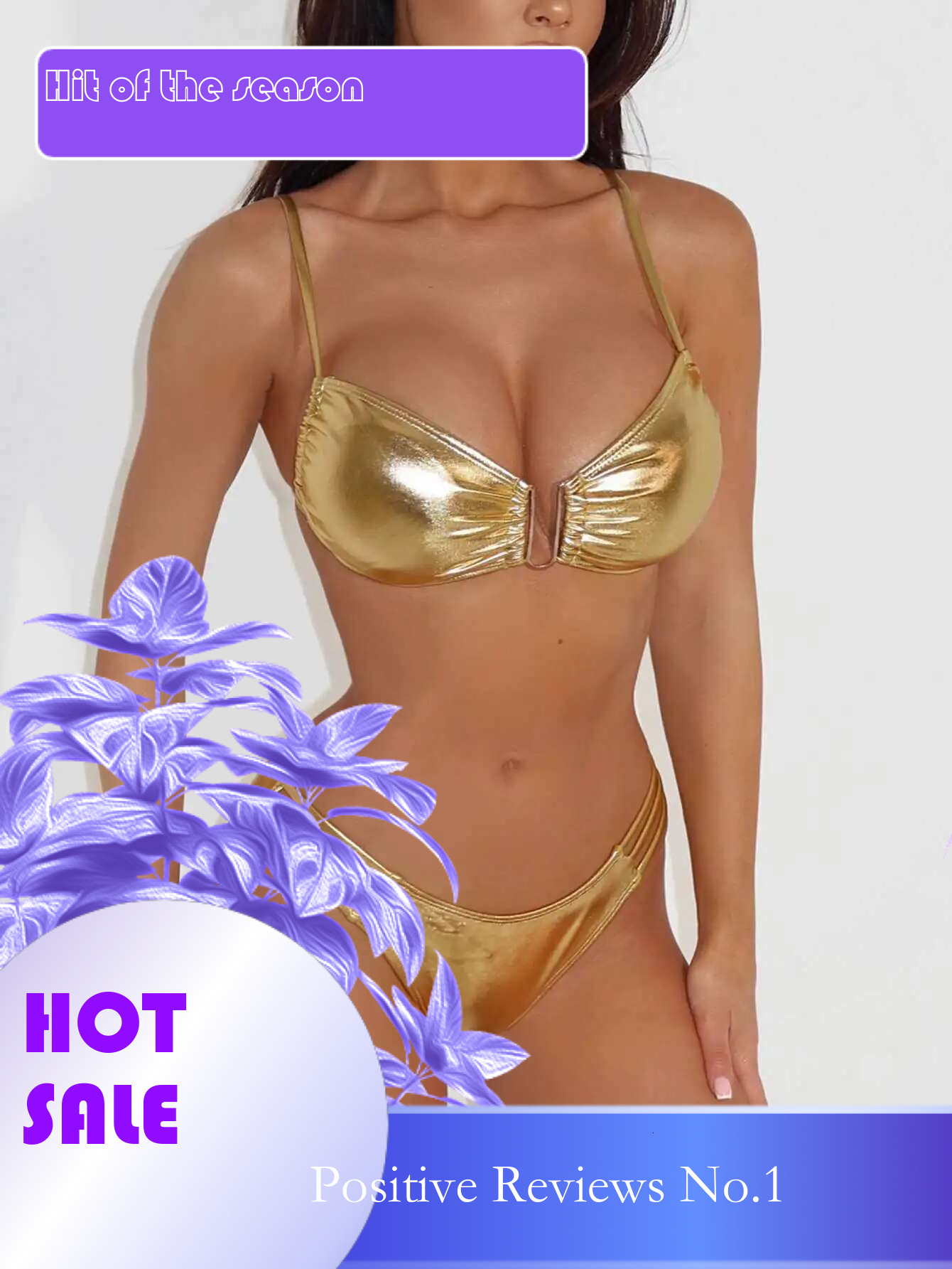 Dongdumaoyi Sexy U Wire PU Faux Leather Bikini Set Women Shiny Gold Cut Out Push Up Swimwear Beach Bathing Suit High Waist Swimsuit