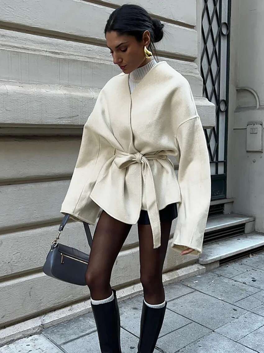 Fashion Solid Lace Up Coat For Women Elegant V-Neck Long Sleeve Jacket 2024 Autumn Winter New Lady Street Outerwear Clothes