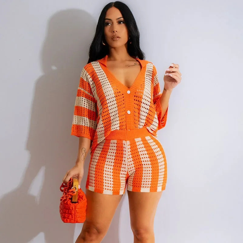 Striped Knitted 2-piece Womens Clothing Holiday Hollow Transparent Knitted Top and Shorts Beach Wear Vacation Set 250401