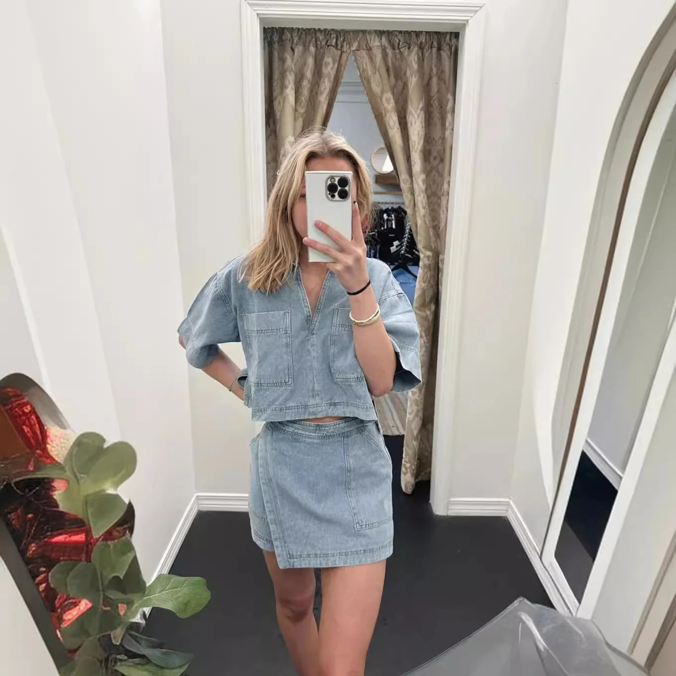 Summer Women Blue Denim Skirt Suit Loose 2 Piece Set Short Sleeve with Pocket Shirt and Irregular Skirt Female Street Out 250408