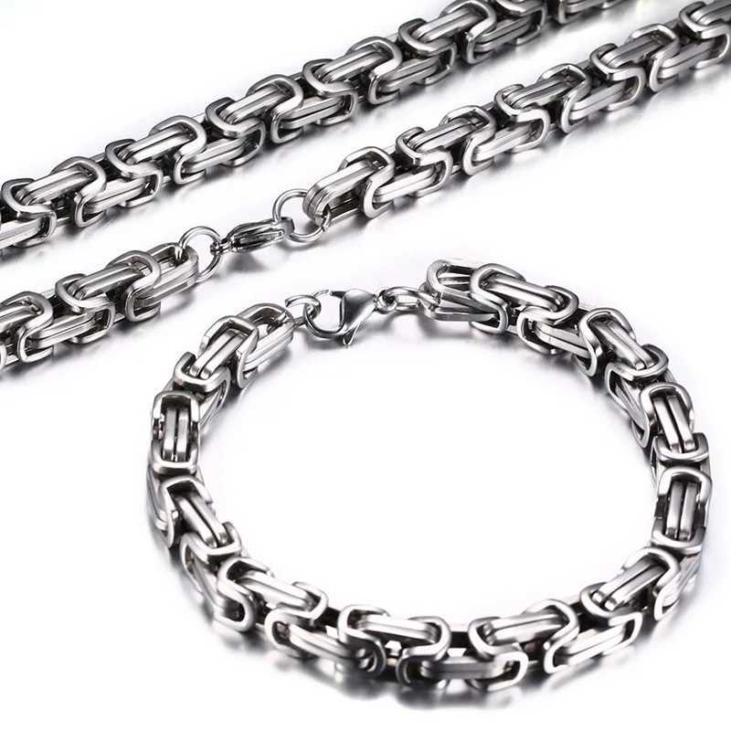 Stainless steel Byzantine chain woven chain necklace bracelet set for mens bicycle punk hip-hop rock jewelry accessories Y250408