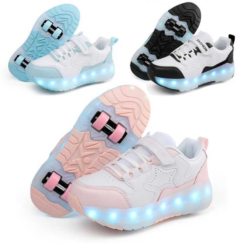 Childrens LED sports shoes USB charging luminous shoes Outdoor sports roller skateboarding Childrens four-wheel boys and girls casual shoes luminous W
