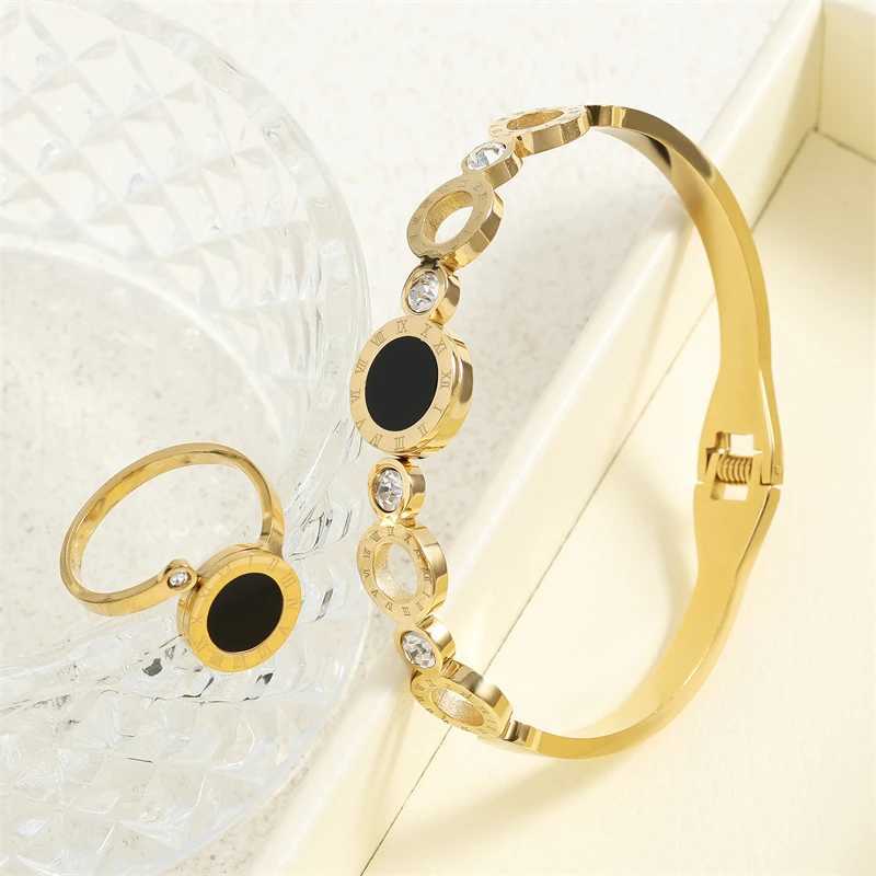 ZAKOL 2-piece Womens Fashion Bracelet Ring Black Acrylic Roman Digital Stainless Steel Couple Bracelet Jewelry Set Gift Y250408