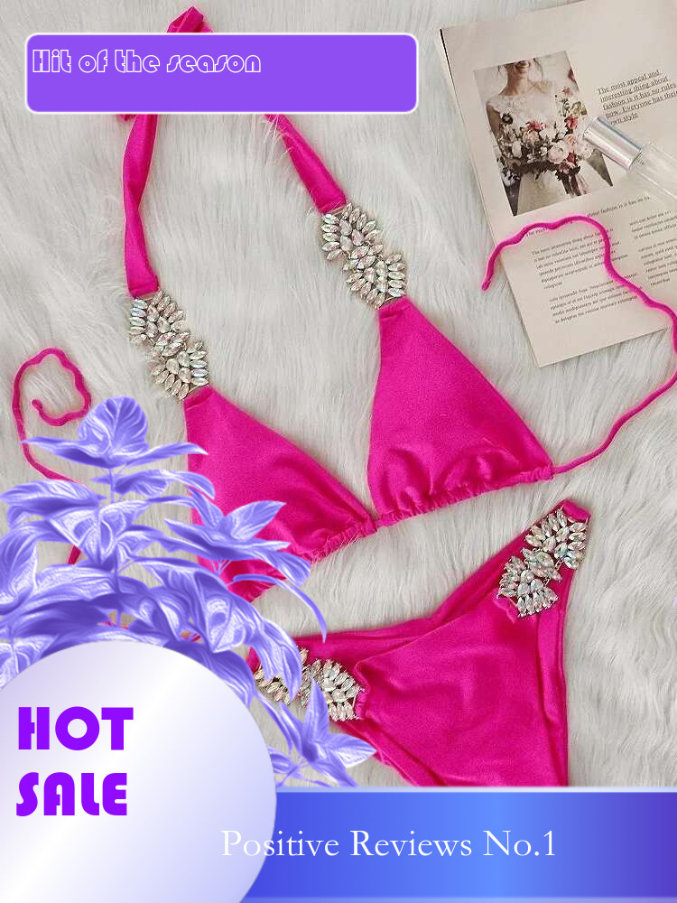 Dongdumaoyi Sexy Rhinestone Bikini Women Luxury Hot Pink Diamond Push Up Thong Swimsuit Summer Bathing Suit Two Piece Biquini