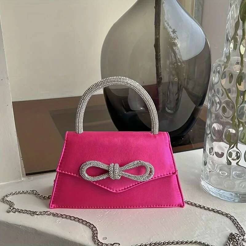 Chic Satin Evening Party Clutch Women's Elegant Shoulder Mini Square Bag, Glittering Rhie Bow Decor Prom Purse