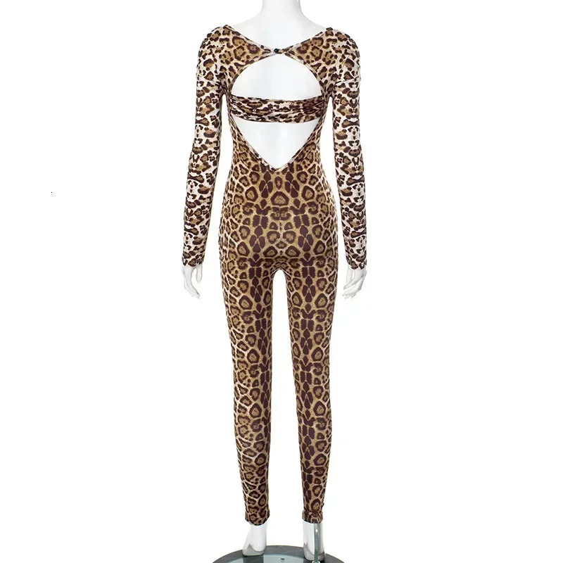 Leopard Print Women Wild Skinny Jumpsuits Sexy Hollow Out V-neck Full Sleeve Backless Club Party One Piece Overalls Rompers 250407
