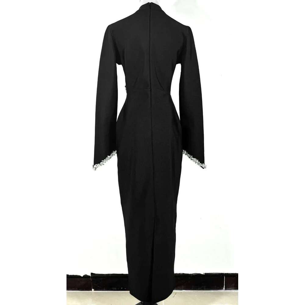 GPBD 2025 New Black And Slim Beaded Sleeve Bandage Long Dress Maxi Dresses For Women