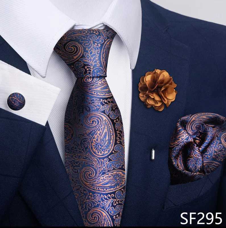 Luxury Mens Ties Floral Black Gold Ties Paisley NeckTie Pocket Square Cufflinks Brooch Set Mens Wedding Party Tie X2504071