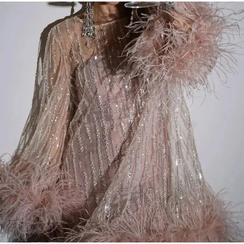 mini dress pink party dress flame sleeve dress camel bird feather sequin lightweight A-line mini dress 250402