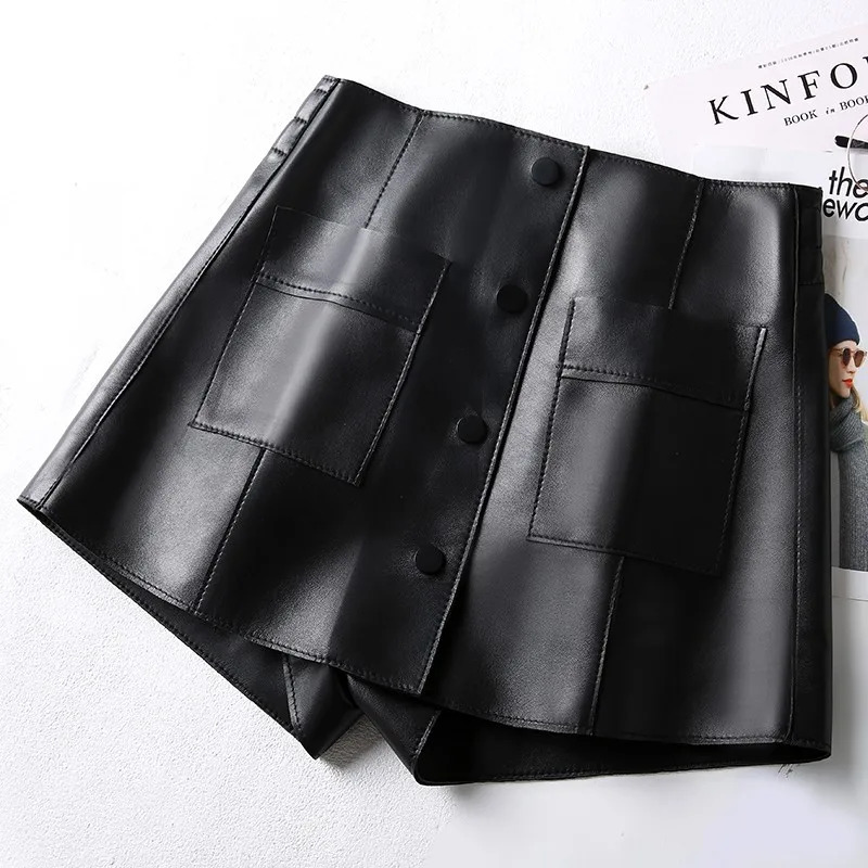 Spring Shorts Women Sheepskin Genuine Leather Shorts Black Brown Leopard Print High Waist Pocket Short Feminino Sexy Shorts 250408