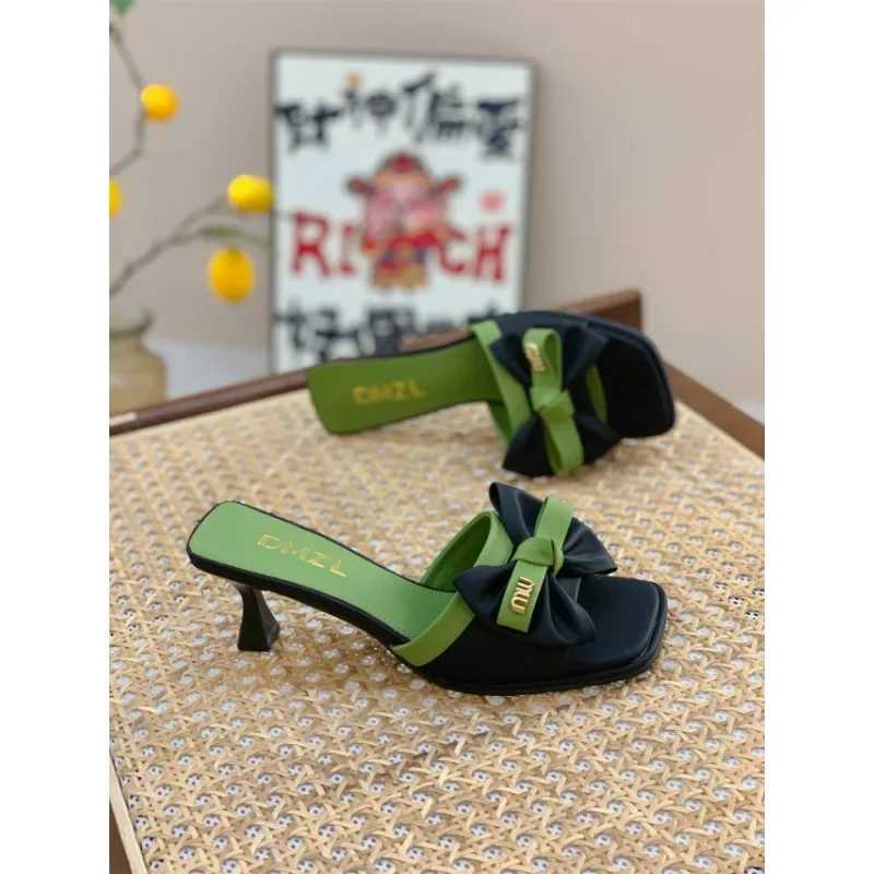 Suitable for exterior Korean Fi sandals malleable bow ties square toes ultra-thin high-heeled womens shoesXJ250407