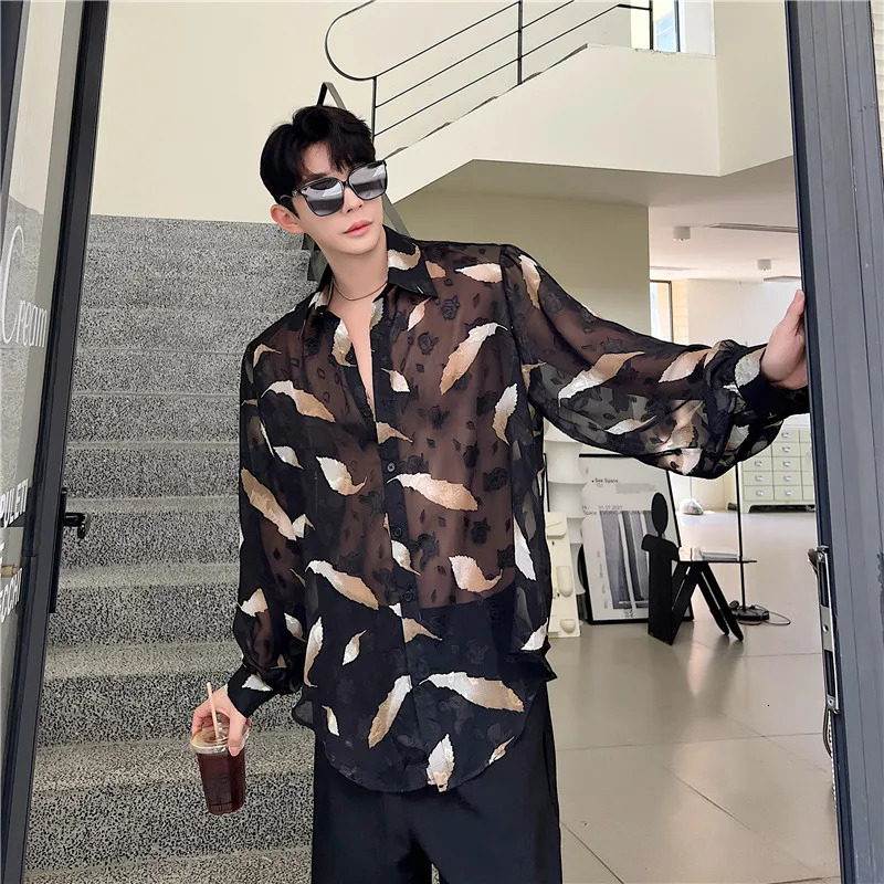 Men Sexy Feather Hollowed Out Shirt Mens Lapel Long Sleeved Transparent Clothing Streetwear Casual Loose Trendy Tops 250407