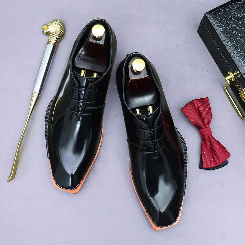 British Patent Leather Mens Business Dress Shoes Small Square Head Polished Handmade Genuine Leather Oxford Shoe for MenC250408