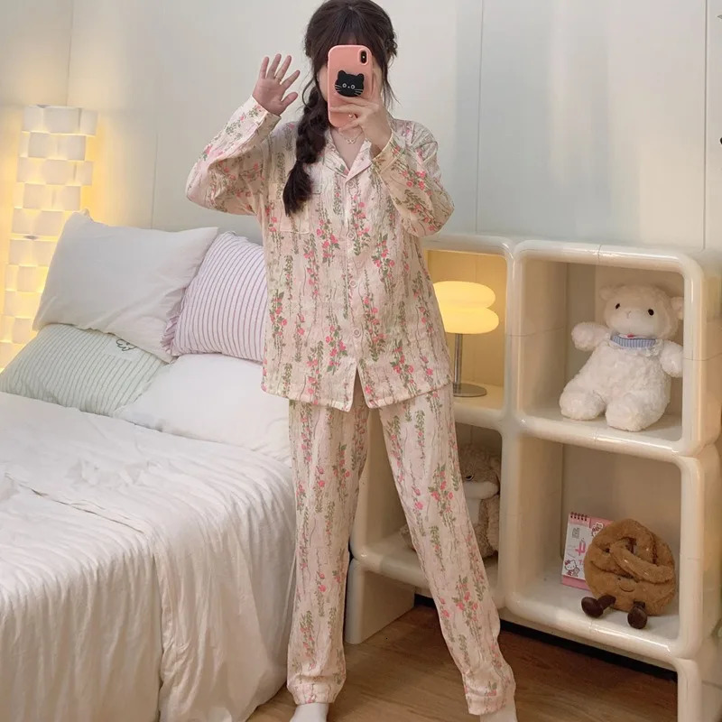 Romantic Womens Nightwear Long Sleeve Cardigan Fresh Sweet Print Student Korean Version Floral Loungewear Plus Size 2PCS/Set 250408
